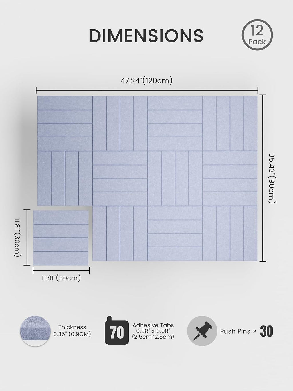 Large Felt Bulletin Board, Cork Board Alternative, Felt Wall Tiles with 30 Push Pins and 70 Adhesive Tabs, Ideal for Office, Home & Classroom,12-Pack Bold Stripe,Soft Periwinkle