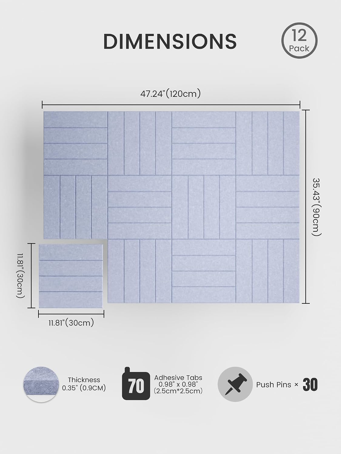 Large Felt Bulletin Board, Cork Board Alternative, Felt Wall Tiles with 30 Push Pins and 70 Adhesive Tabs, Ideal for Office, Home & Classroom,12-Pack Bold Stripe,Soft Periwinkle