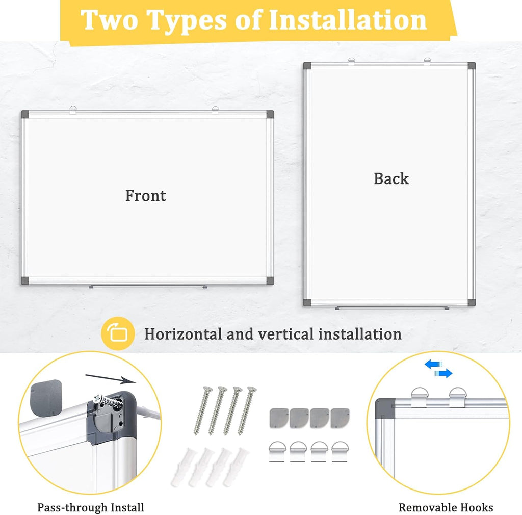 2 Pack Double-Sided Magnetic Aluminum Frame Whiteboard, 36" x 24" | White Board for Wall, Hanging Mounting White Board Dry Erase Board Marker Board for Kitchen, Memo, School, Home, Office