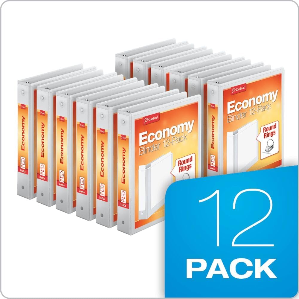 Economy 3-Ring Binders, 1.5", Round Rings, Holds 350 Sheets, ClearVue Presentation View, Non-Stick, White, Carton of 12 (90631)