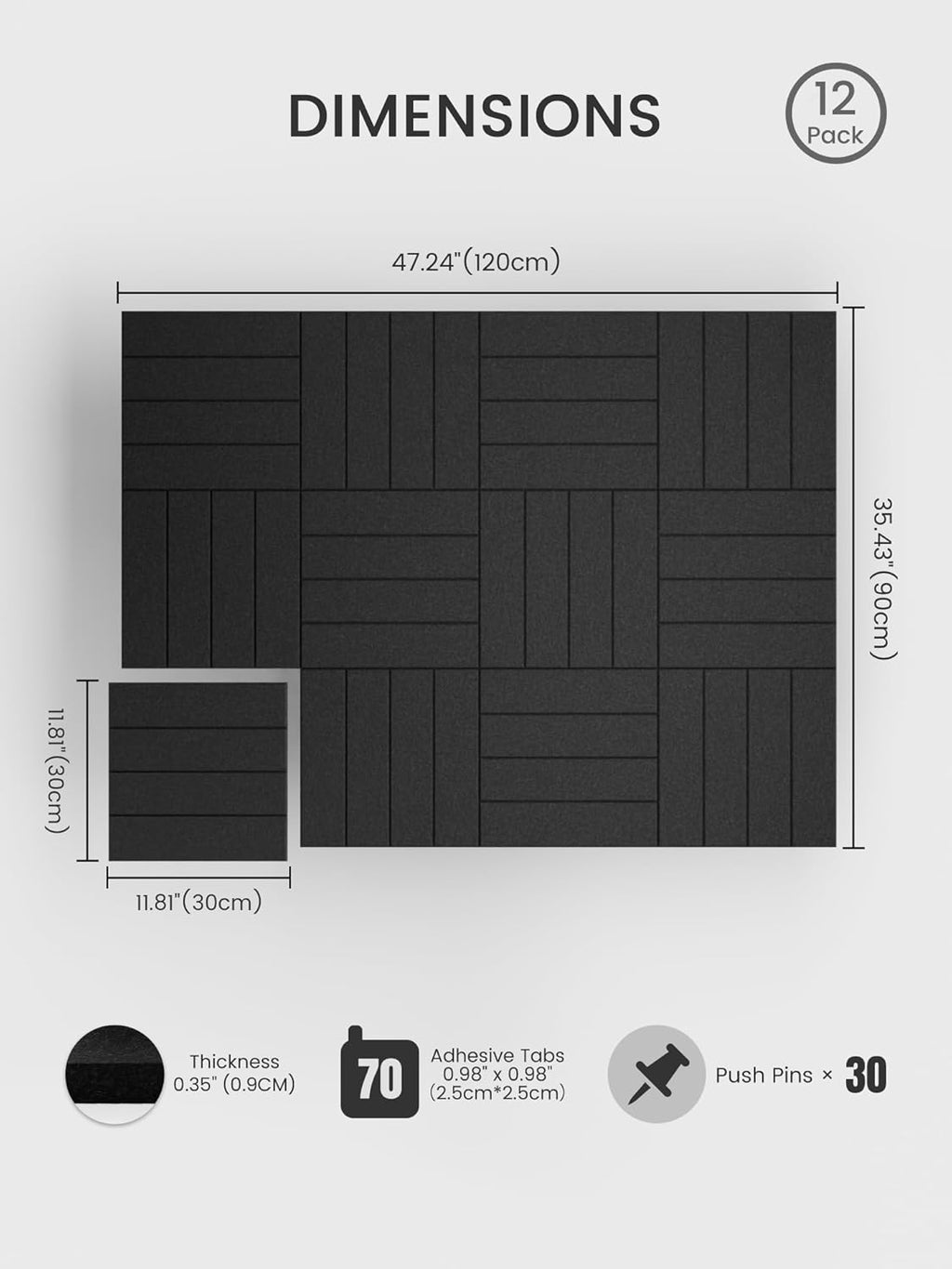 Large Felt Bulletin Board, 48" x 36" Cork Board Alternative, 12-Pack Bold Stripe Felt Wall Tiles with 30 Push Pins and 70 Adhesive Tabs, Ideal for Office, Home & Classroom, Black