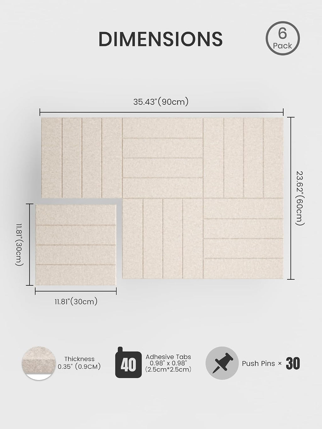 Large Felt Bulletin Board, 36" x 24" Cork Board Alternative, 6-Pack Bold Stripe Felt Wall Tiles with 30 Push Pins and 40 Adhesive Tabs, Ideal for Office, Home & Classroom, Oatmeal
