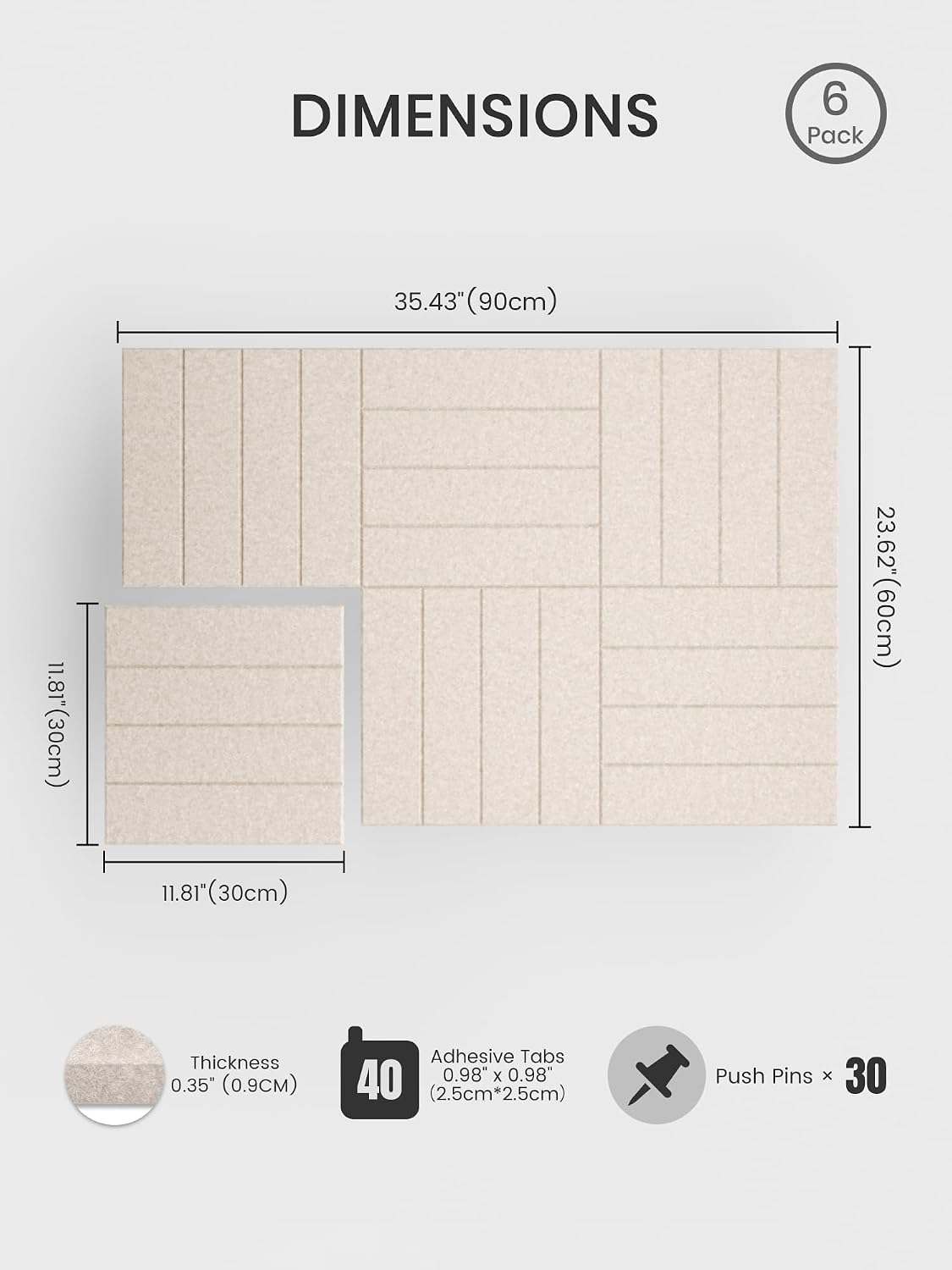 Large Felt Bulletin Board, 36" x 24" Cork Board Alternative, 6-Pack Bold Stripe Felt Wall Tiles with 30 Push Pins and 40 Adhesive Tabs, Ideal for Office, Home & Classroom, Oatmeal