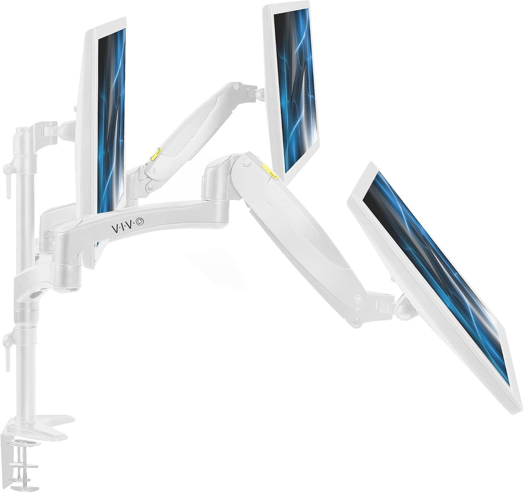 White Triple Monitor Mount, 2 Pneumatic Arms + 1 Fixed, 3 Screens up to 32"