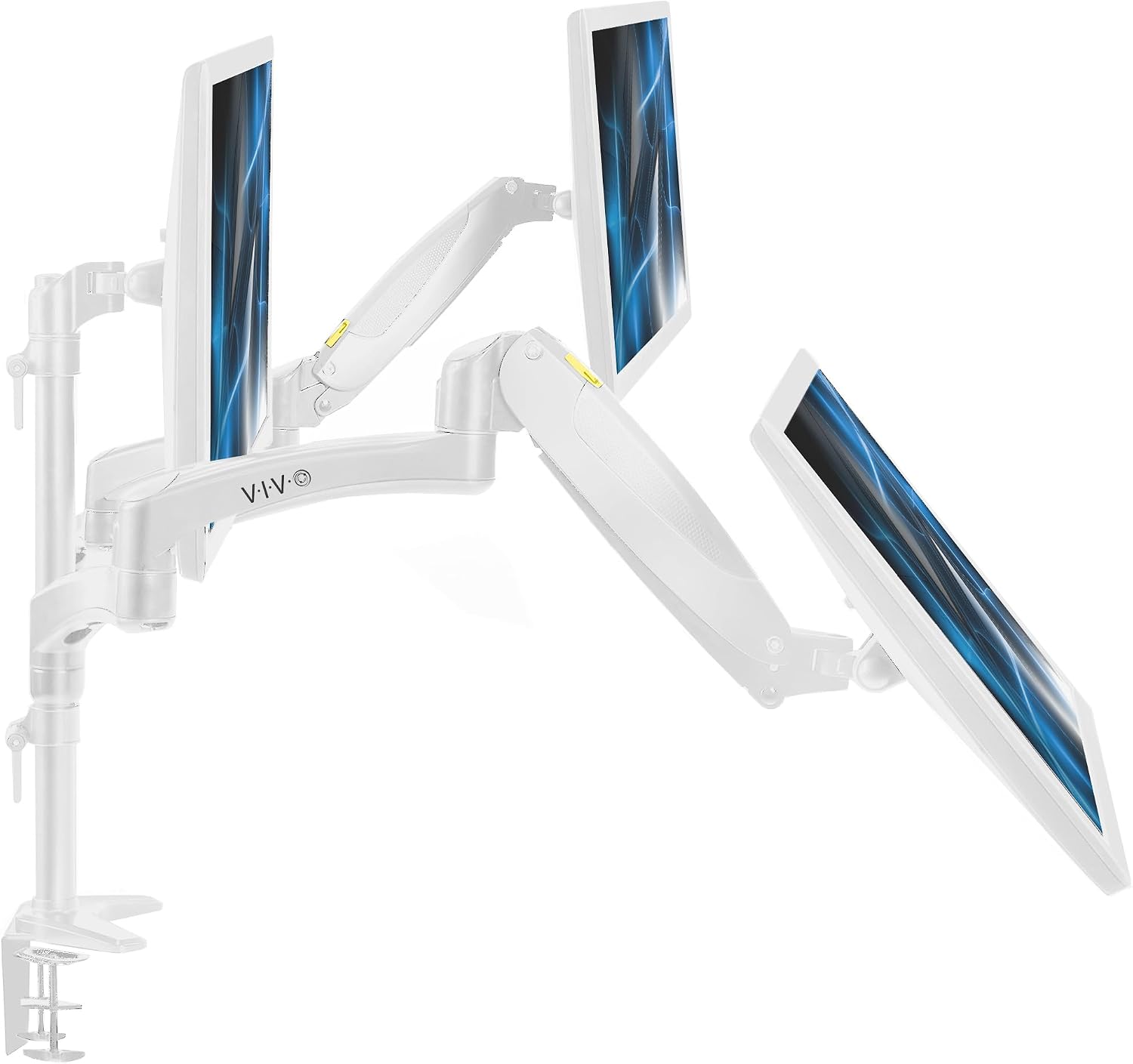 White Triple Monitor Mount, 2 Pneumatic Arms + 1 Fixed, 3 Screens up to 32"