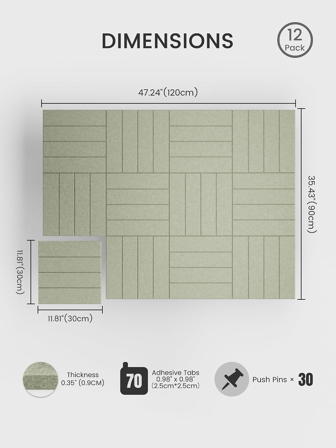 Large Felt Bulletin Board, 48" x 36" Cork Board Alternative, 12-Pack Bold Stripe Felt Wall Tiles with 30 Push Pins and 70 Adhesive Tabs, Ideal for Office, Home & Classroom, Sage