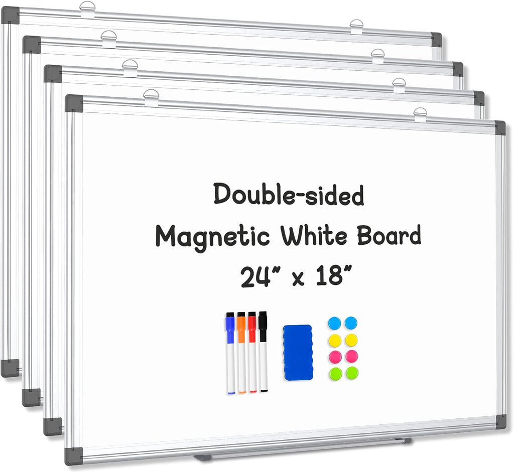 4 Pack Double-Sided Magnetic Aluminum Frame Whiteboard, 24" x 18" | White Board for Wall, Hanging Mounting White Board Dry Erase Board Marker Board for Kitchen, Memo, School, Home, Office