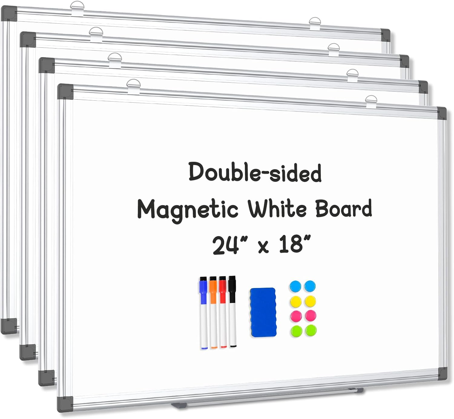 4 Pack Double-Sided Magnetic Aluminum Frame Whiteboard, 24" x 18" | White Board for Wall, Hanging Mounting White Board Dry Erase Board Marker Board for Kitchen, Memo, School, Home, Office