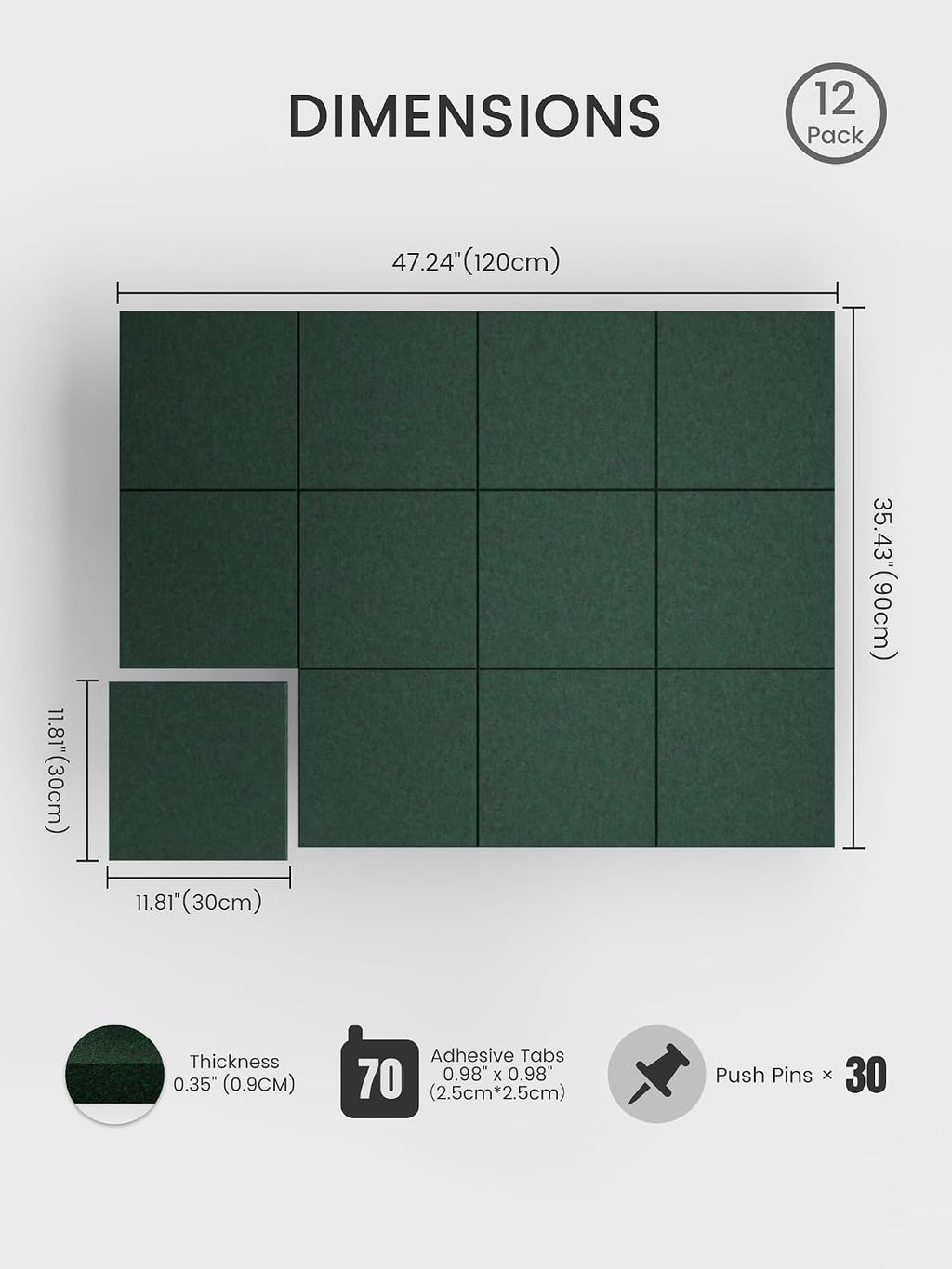 Large Felt Bulletin Board 48" x 36" Cork Board Alternative-12 Pack with 70 Safe Removable Adhesive Tabs, Cork Boards for Walls Cork Board for Home Office Classroom Pin Board (Aurora Green)