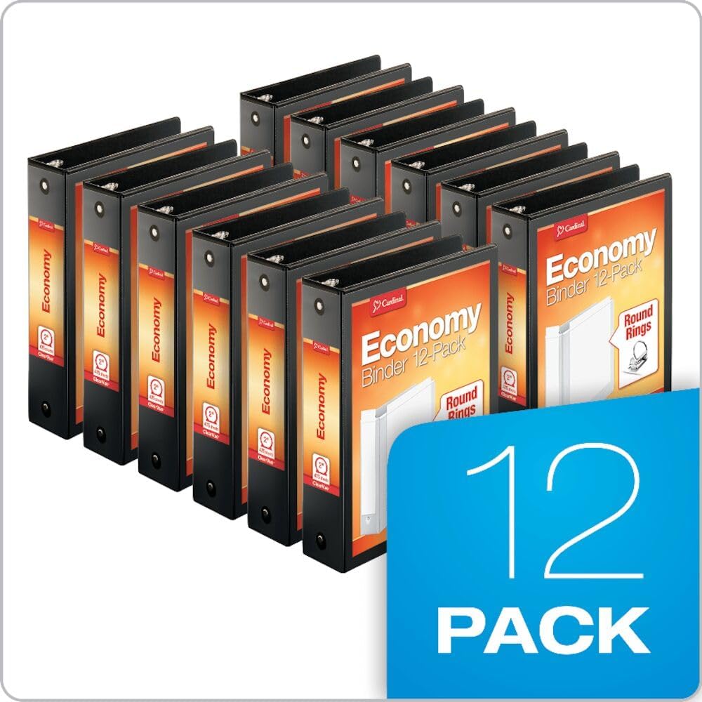 Economy 3-Ring Binders, 2", Round Rings, Holds 475 Sheets, ClearVue Presentation View, Non-Stick, Black, Carton of 12 (90640)