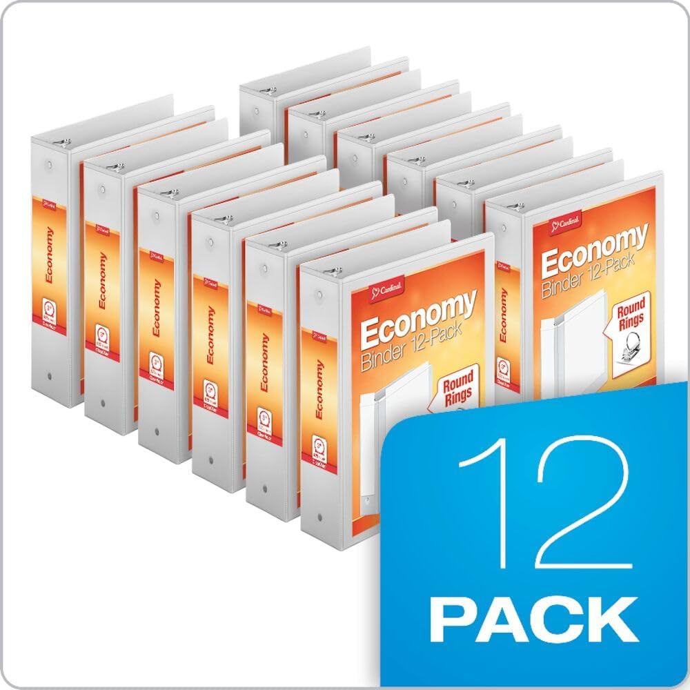 Economy 3-Ring Binders, 3", Round Rings, Holds 625 Sheets, ClearVue Presentation View, Non-Stick, White, Carton of 12 (90651)