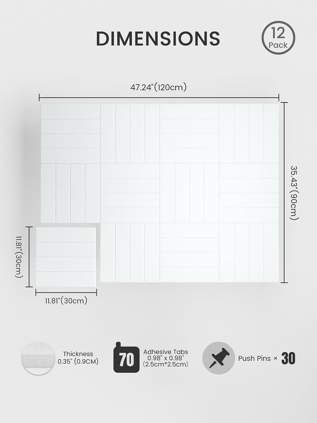 Large Felt Bulletin Board, 48" x 36" Cork Board Alternative, 12-Pack Bold Stripe Felt Wall Tiles with 30 Push Pins and 70 Adhesive Tabs, Ideal for Office, Home & Classroom, Cold White