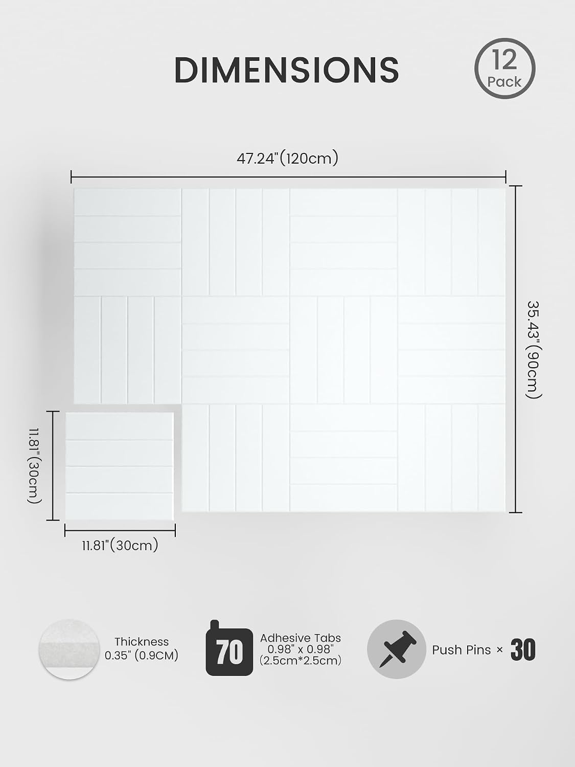 Large Felt Bulletin Board, 48" x 36" Cork Board Alternative, 12-Pack Bold Stripe Felt Wall Tiles with 30 Push Pins and 70 Adhesive Tabs, Ideal for Office, Home & Classroom, Cold White