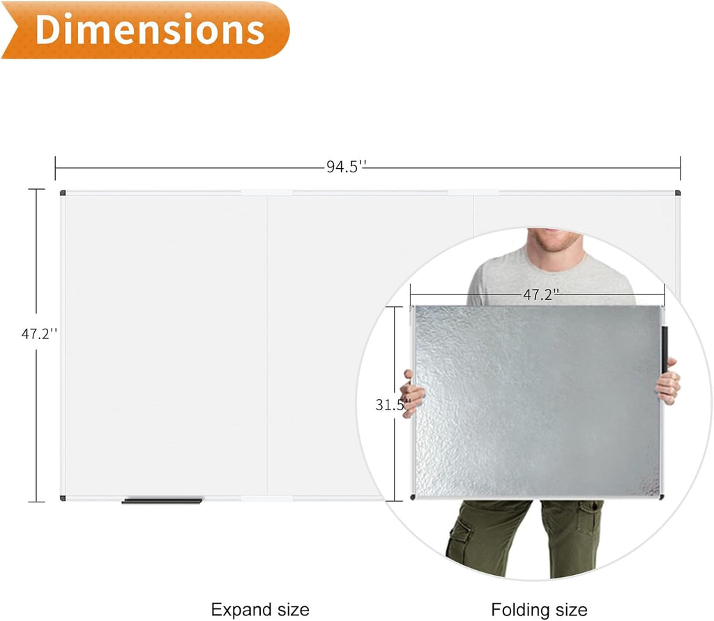 Large Magnetic Whiteboard, 96 X 48 Inches,Foldable Dry Erase Board | Wall Mounted White Board for School Office and Home 8' X 4'