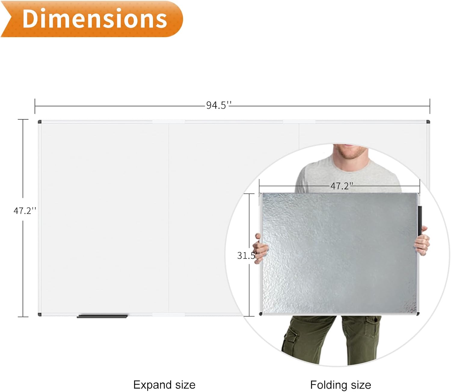Large Magnetic Whiteboard, 96 X 48 Inches,Foldable Dry Erase Board | Wall Mounted White Board for School Office and Home 8' X 4'
