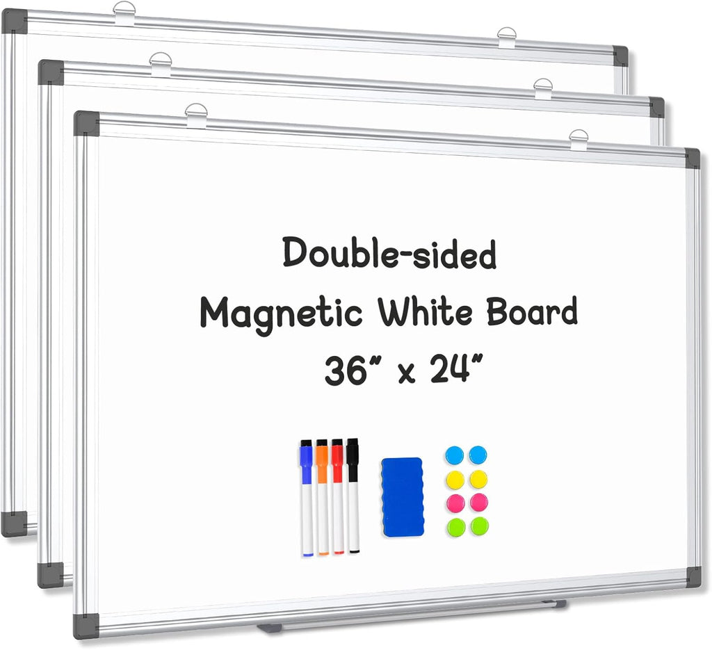 3 Pack Double-Sided Magnetic Aluminum Frame Whiteboard, 36" x 24" | White Board for Wall, Hanging Mounting White Board Dry Erase Board Marker Board for Kitchen, Memo, School, Home, Office