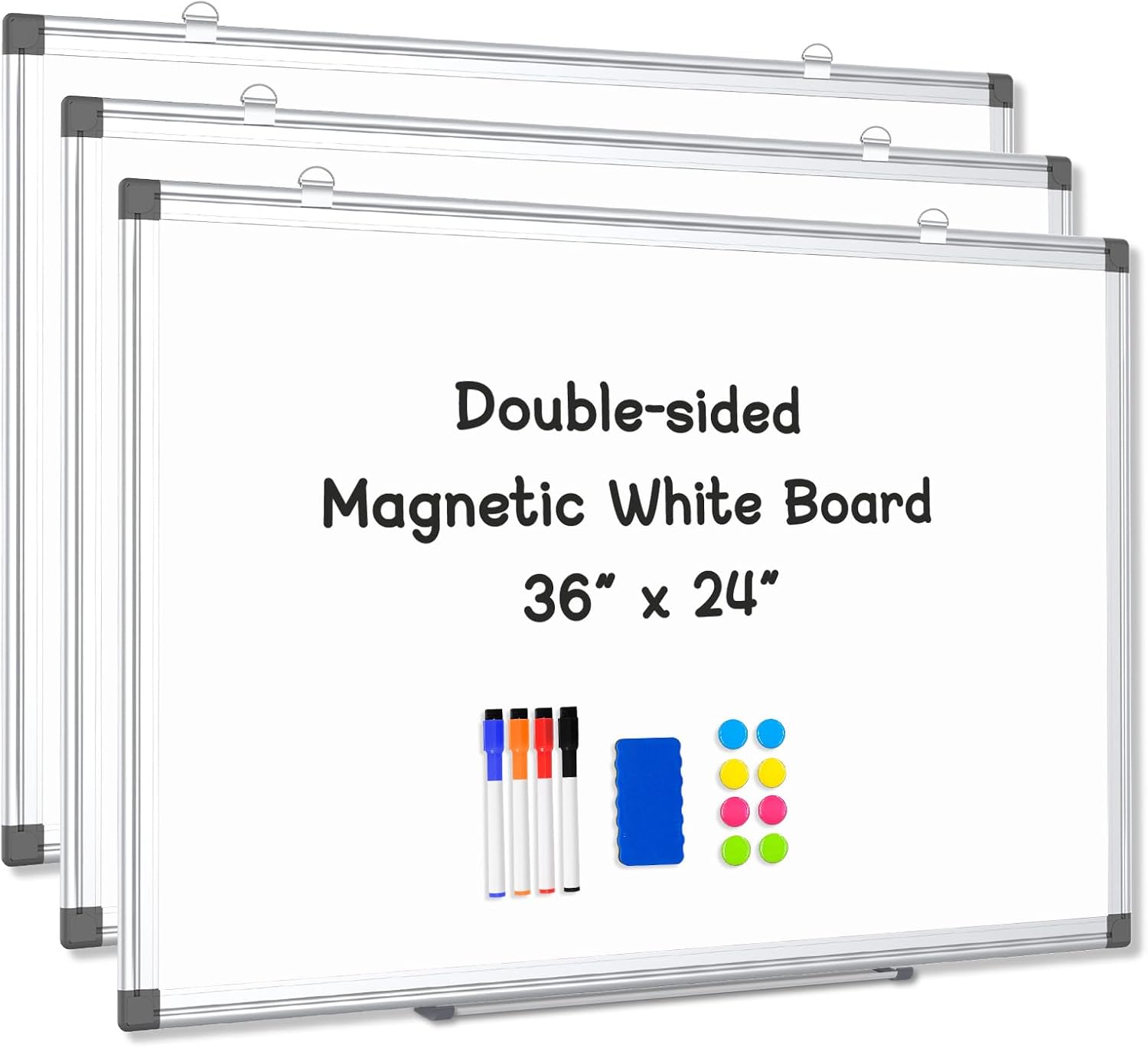 3 Pack Double-Sided Magnetic Aluminum Frame Whiteboard, 36" x 24" | White Board for Wall, Hanging Mounting White Board Dry Erase Board Marker Board for Kitchen, Memo, School, Home, Office