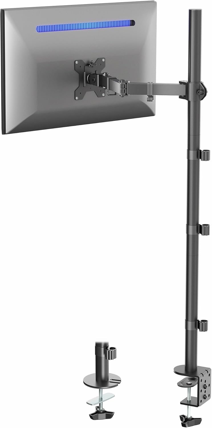Extra Tall Single Monitor Desk Mount Stand with 39 inch Pole. Features Full Adjustability - Tilt and Articulation, Holds 13 to 32 inch Screens up to 22 lbs with VESA Mounting, Black, STAND-V011