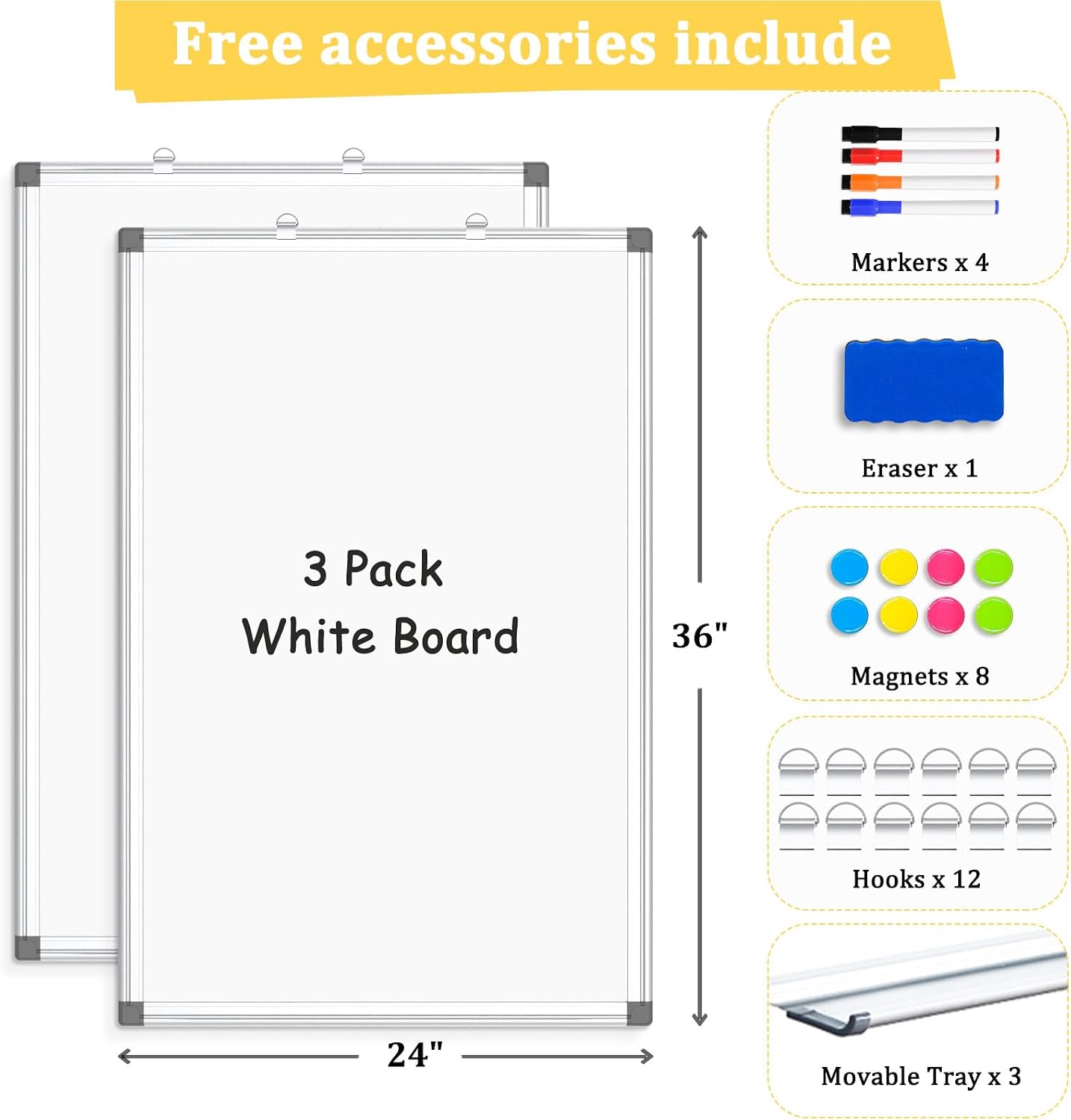 3 Pack Double-Sided Magnetic Aluminum Frame Whiteboard, 36" x 24" | White Board for Wall, Hanging Mounting White Board Dry Erase Board Marker Board for Kitchen, Memo, School, Home, Office