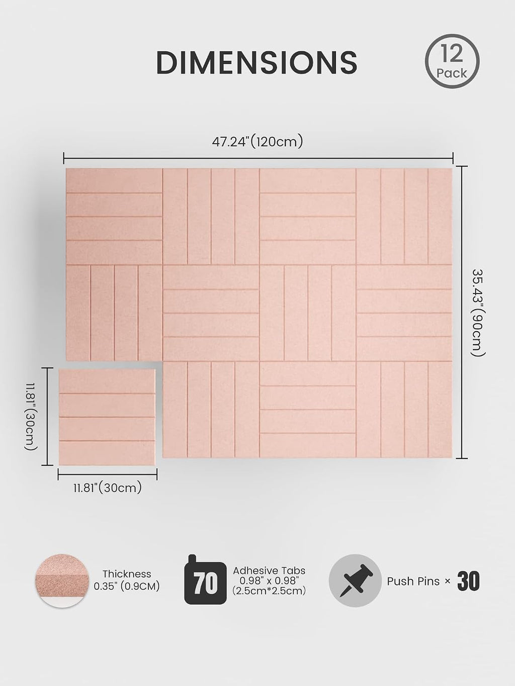 Large Felt Bulletin Board, Cork Board Alternative, 12-Pack Bold Stripe Felt Wall Tiles with 30 Push Pins and 70 Adhesive Tabs, Ideal for Office, Home & Classroom, Pink