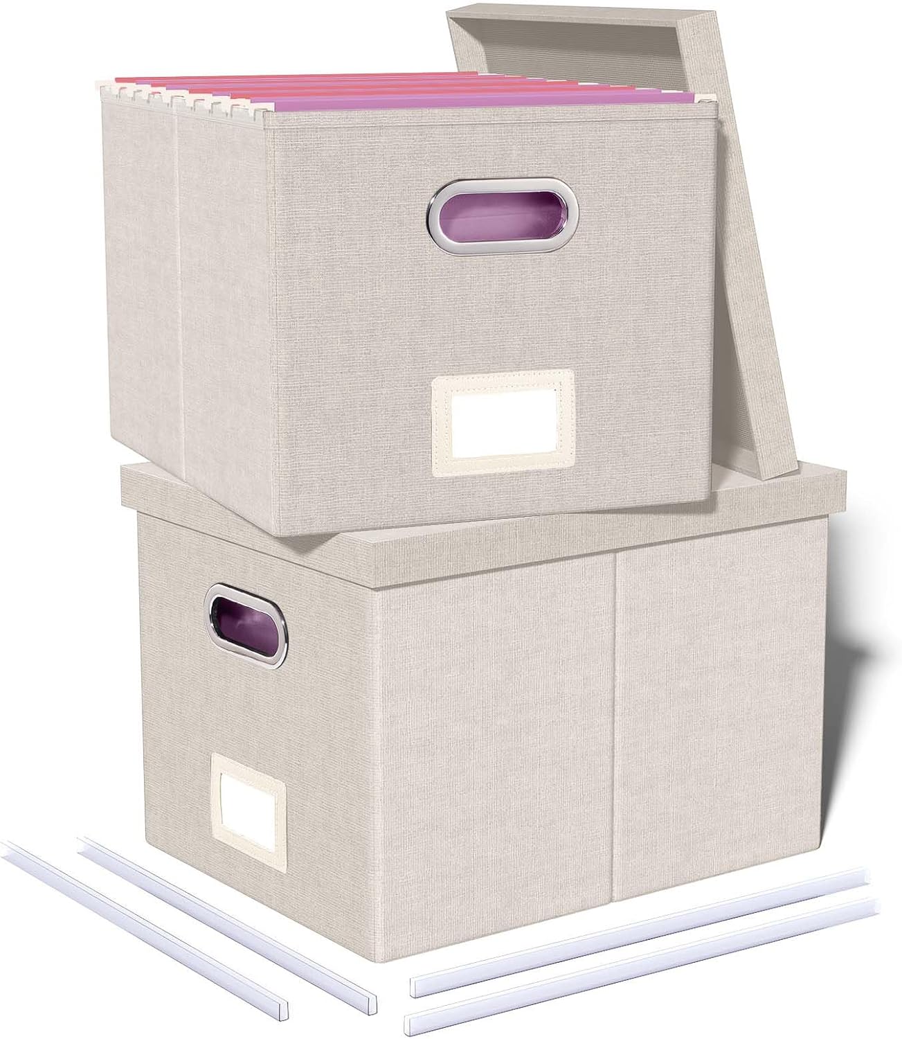 2 Pack File Storage Organizer, Document Organizer, Portable File Box with Lid, Fit for Letter/Legal File Folder Storage,Beige-Box only