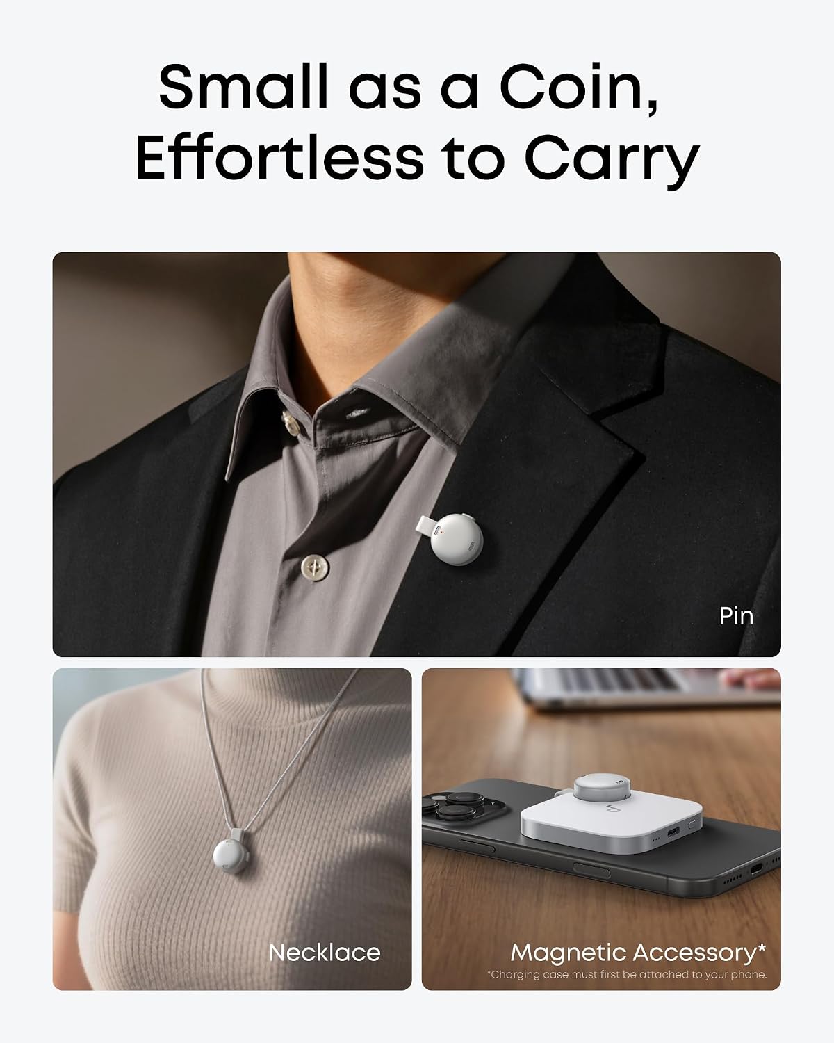 Work AI Voice Recorder by Anker,Wearable Note Taker for Meetings, Transcribe and Summarize (300 Mins/Mo Included, Optional App Upgrades), MFi Certified, 64 GB, 150+ Languages, USB-C Charging