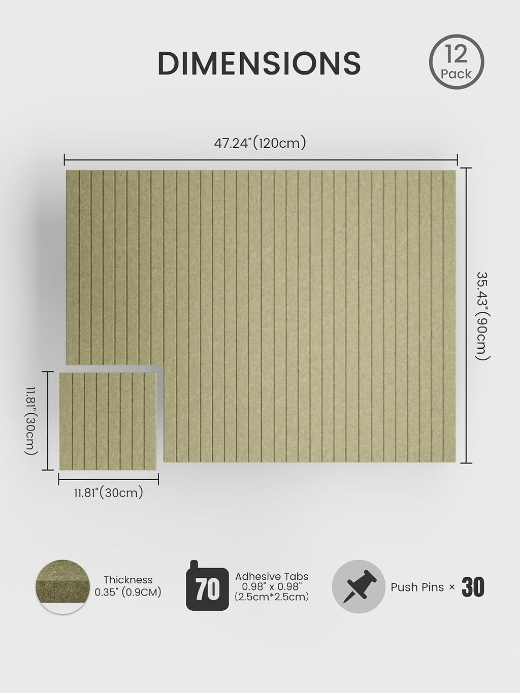 Large Felt Bulletin Board 48" x 36" Cork Board Alternative-12 Pack with 70 Safe Removable Adhesive Tabs, Cork Boards for Walls Cork Board for Home Office Classroom Pin Board (Olive Green)
