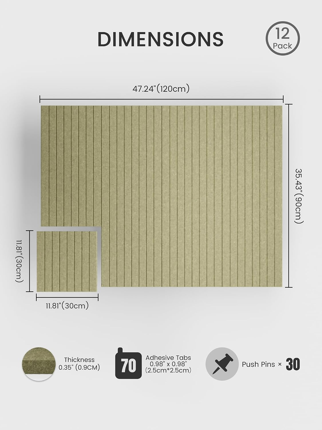 Large Felt Bulletin Board 48" x 36" Cork Board Alternative-12 Pack with 70 Safe Removable Adhesive Tabs, Cork Boards for Walls Cork Board for Home Office Classroom Pin Board (Olive Green)