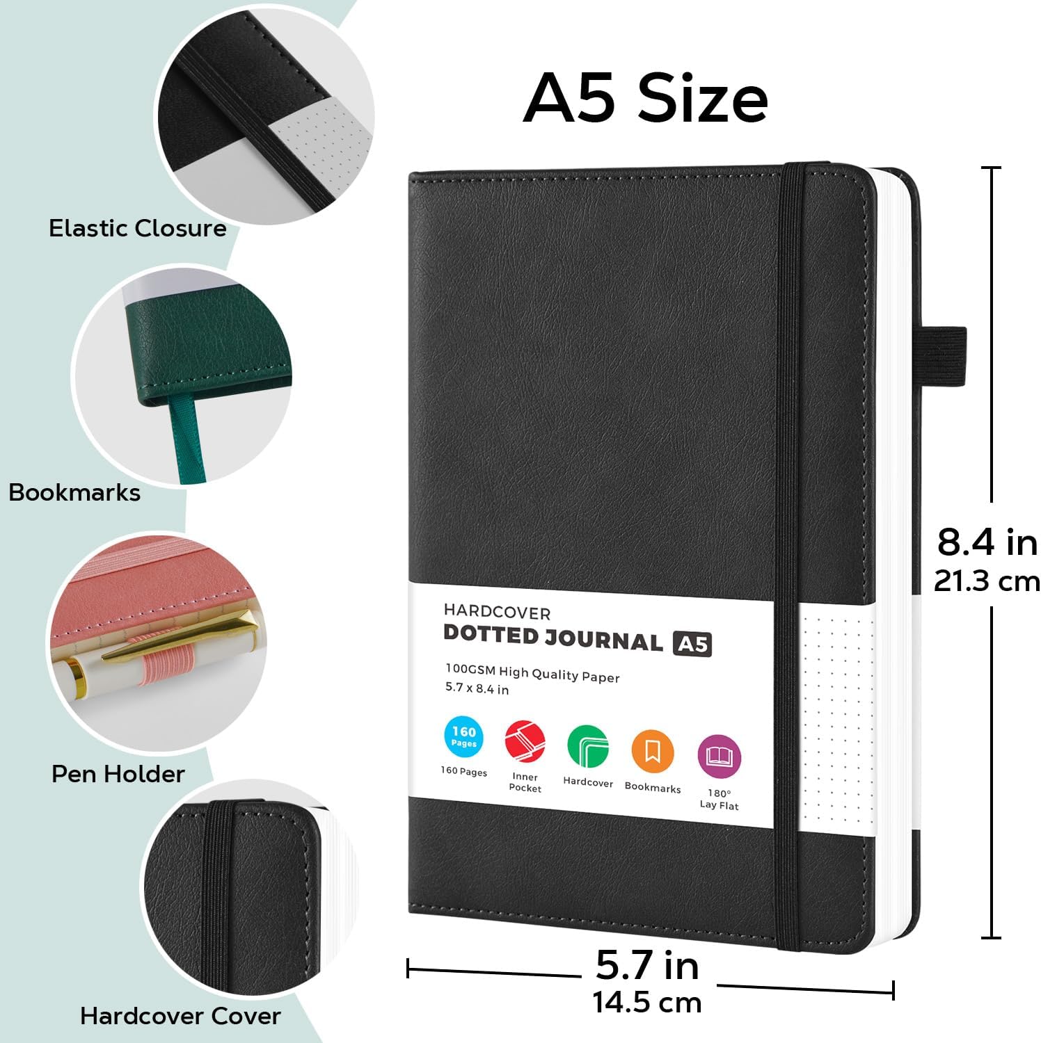 2 Pack Bullet Dotted Journal Notebook, A5 Dot Grid Notebook Journaling Supplies for Women/Men Work Writing, 100GSM Thick Paper, No Bleed, Inner Pocket, Black Leather Hardcover, 5.7" x 8.4"