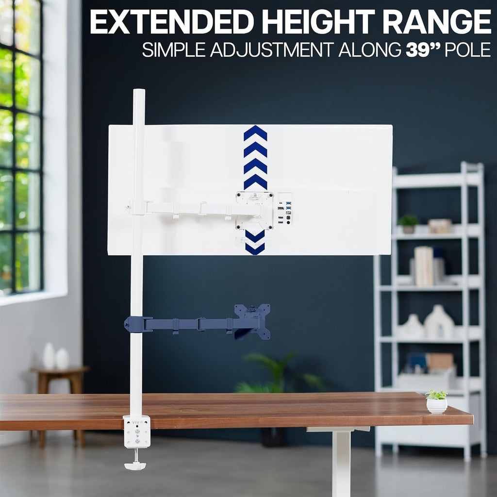 Extra Tall Single Monitor Desk Mount Stand with 39 inch Pole, Features Full Adjustability - Tilt and Articulation, Holds 13 to 32 inch Screens up to 10kg with VESA Mounting, White, STAND-V011W