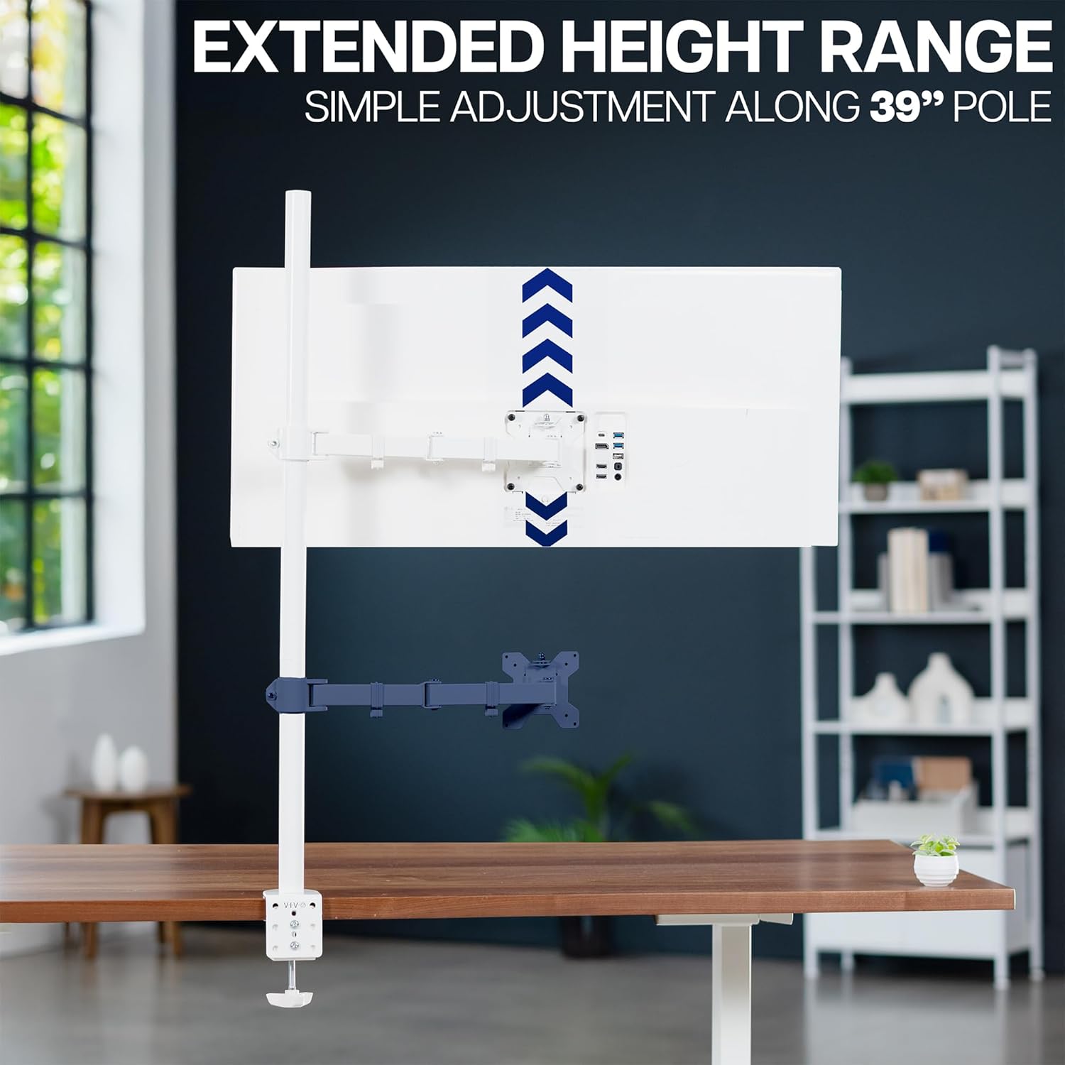 Extra Tall Single Monitor Desk Mount Stand with 39 inch Pole, Features Full Adjustability - Tilt and Articulation, Holds 13 to 32 inch Screens up to 10kg with VESA Mounting, White, STAND-V011W