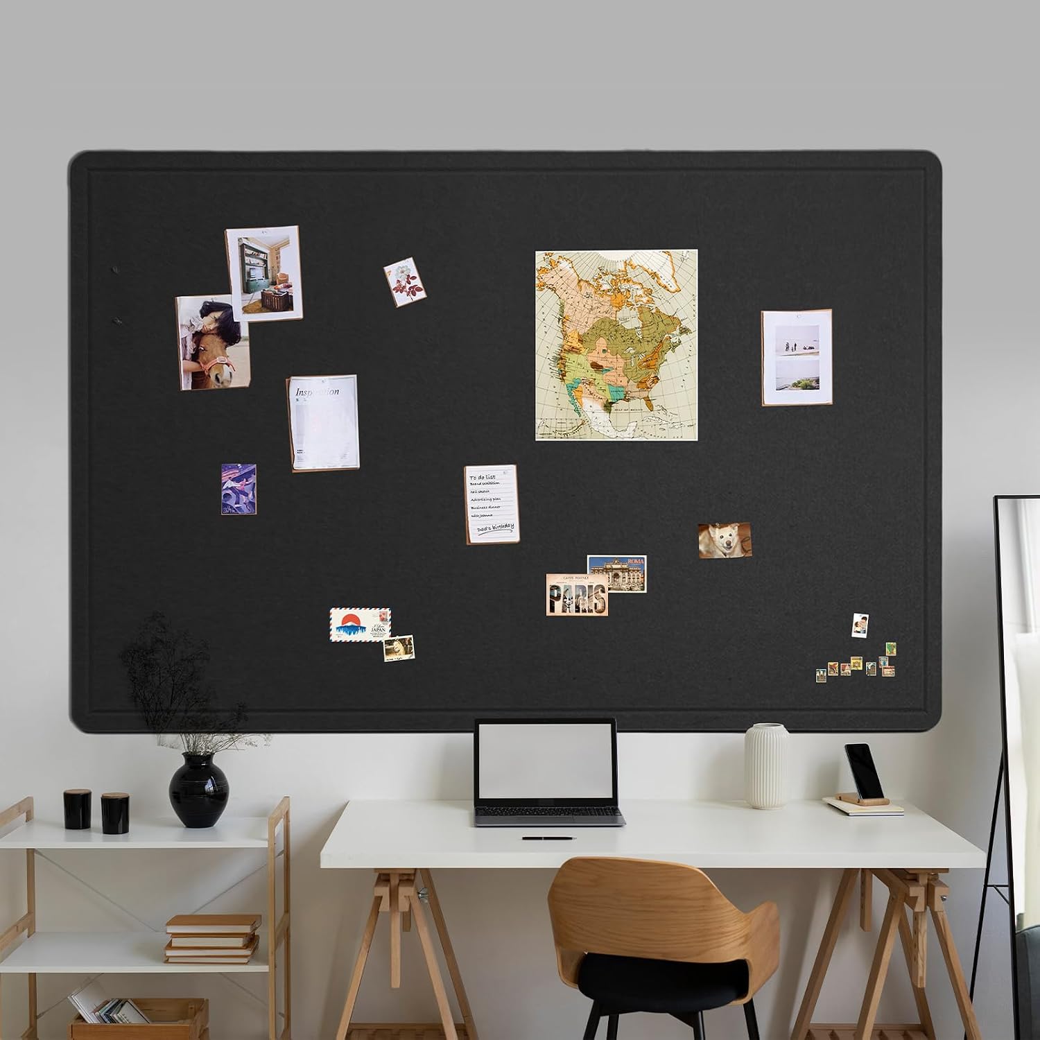 Large Bulletin Board - 120 x 180 cm, Decorative Felt Pin Board for Wall - 6' x 4' Foldable Photo Display Board with Self-Adhesive Tape, Includes 20 Push Pins - Black