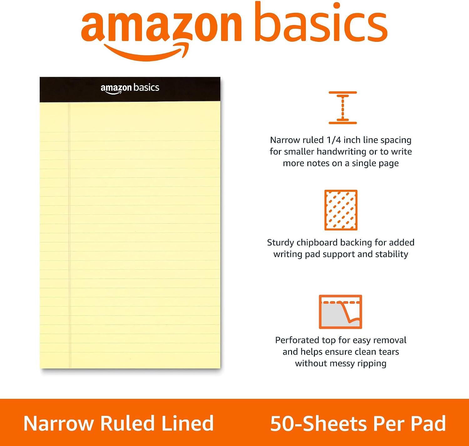 Basics Narrow Ruled Lined Writing Note Pad for School, 5 inch x 8 inch, Canary, 12 Count (12 Pack of 50)