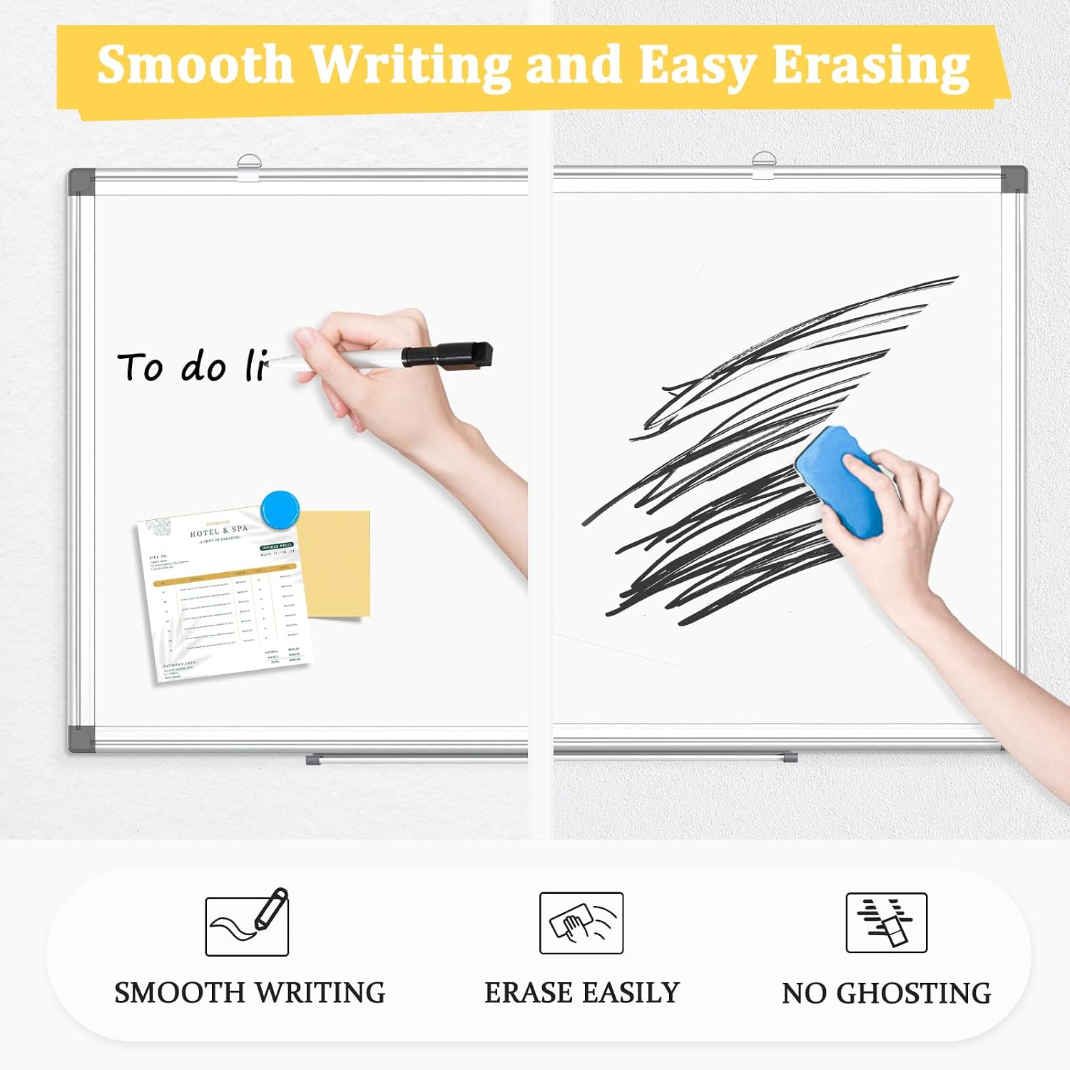 2 Pack Double-Sided Magnetic Aluminum Frame Whiteboard, 36" x 24" | White Board for Wall, Hanging Mounting White Board Dry Erase Board Marker Board for Kitchen, Memo, School, Home, Office