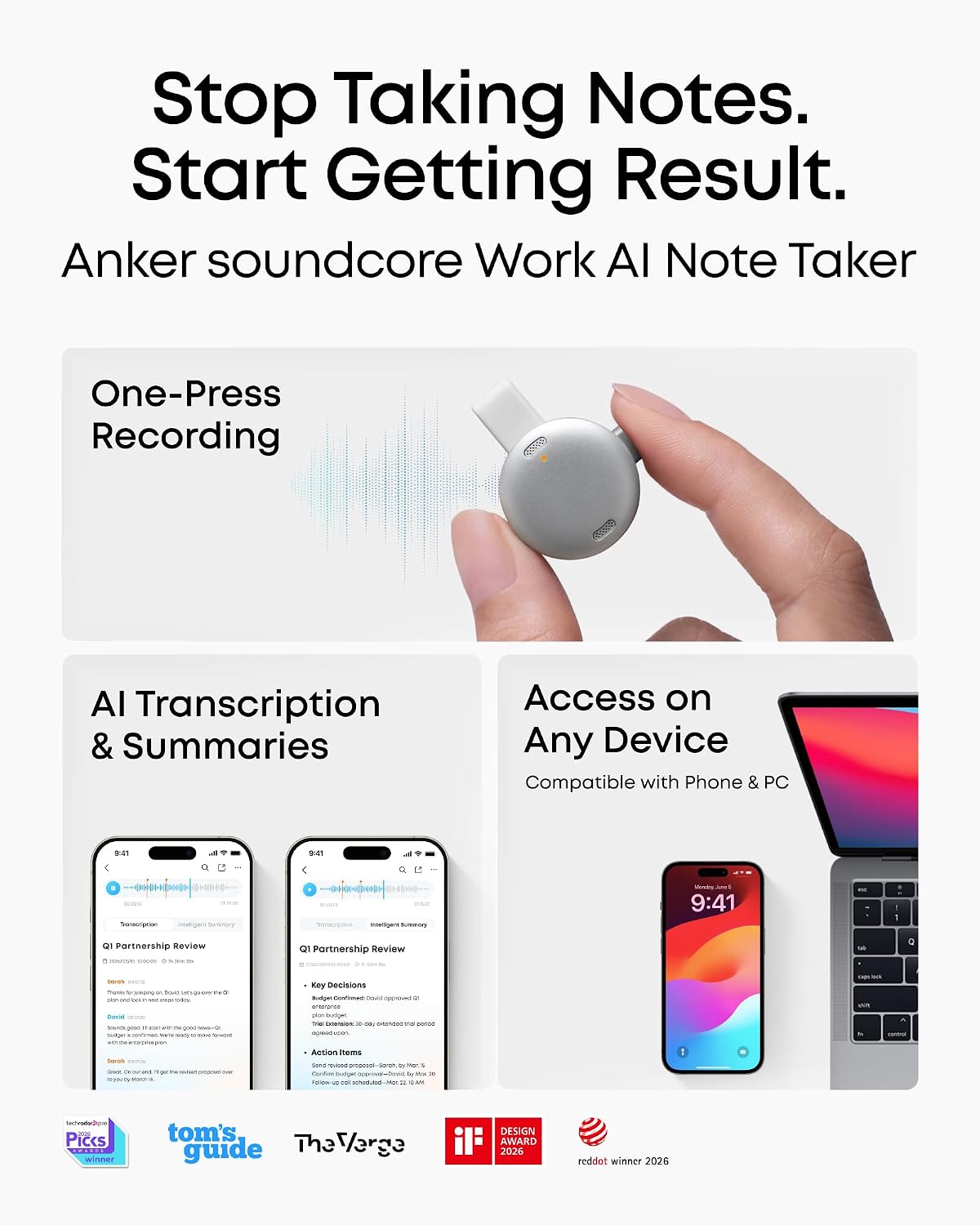 Work AI Voice Recorder by Anker,Wearable Note Taker for Meetings, Transcribe and Summarize (300 Mins/Mo Included, Optional App Upgrades), MFi Certified, 64 GB, 150+ Languages, USB-C Charging