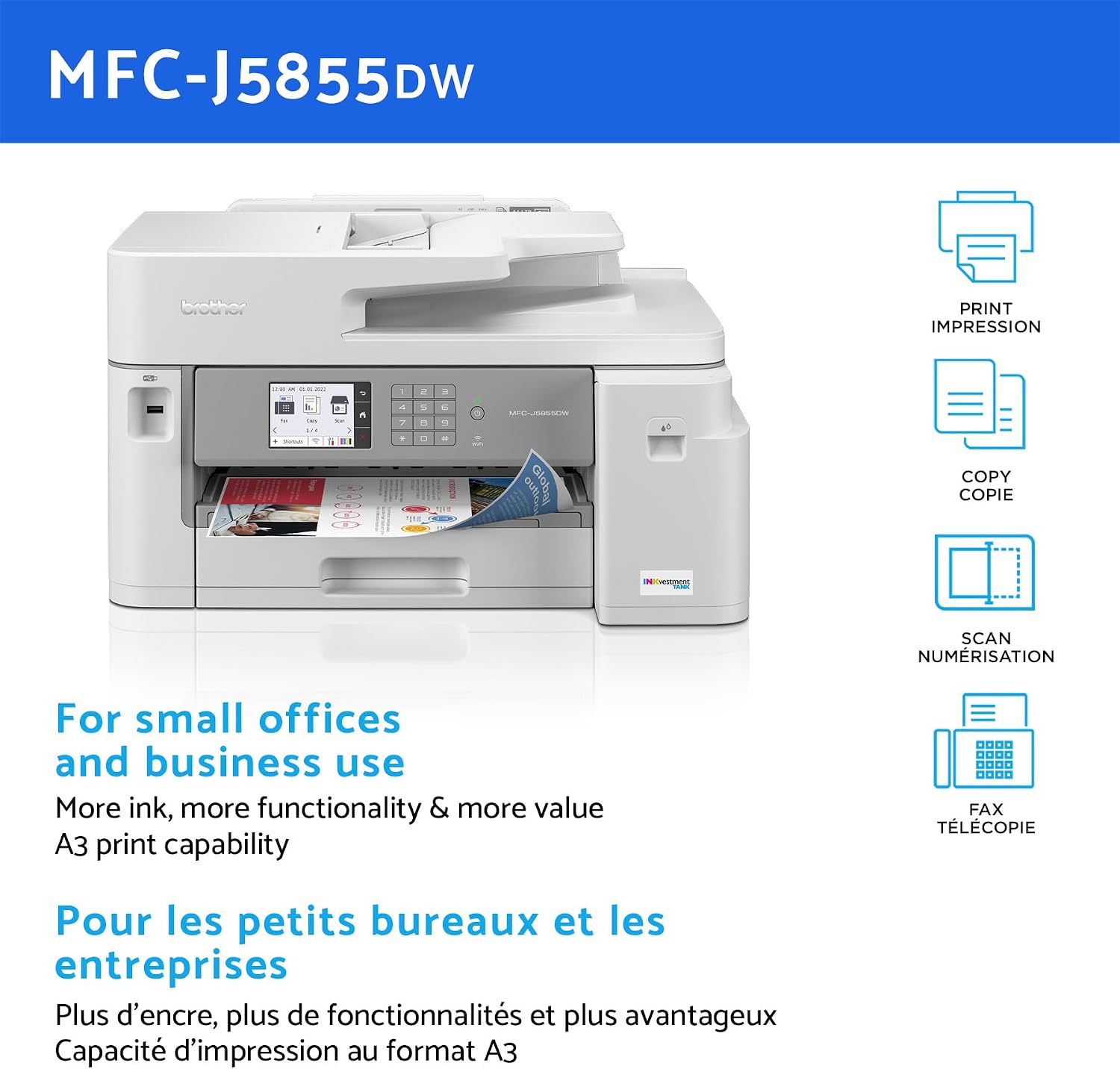 MFC-J5855DW INKvestment All-in-One Wireless Colour Inkjet A3 Printer with Scanner,Copier and Fax Printing, 30 ppm Speed, 3.5" Touchscreen, Mobile Connectivity