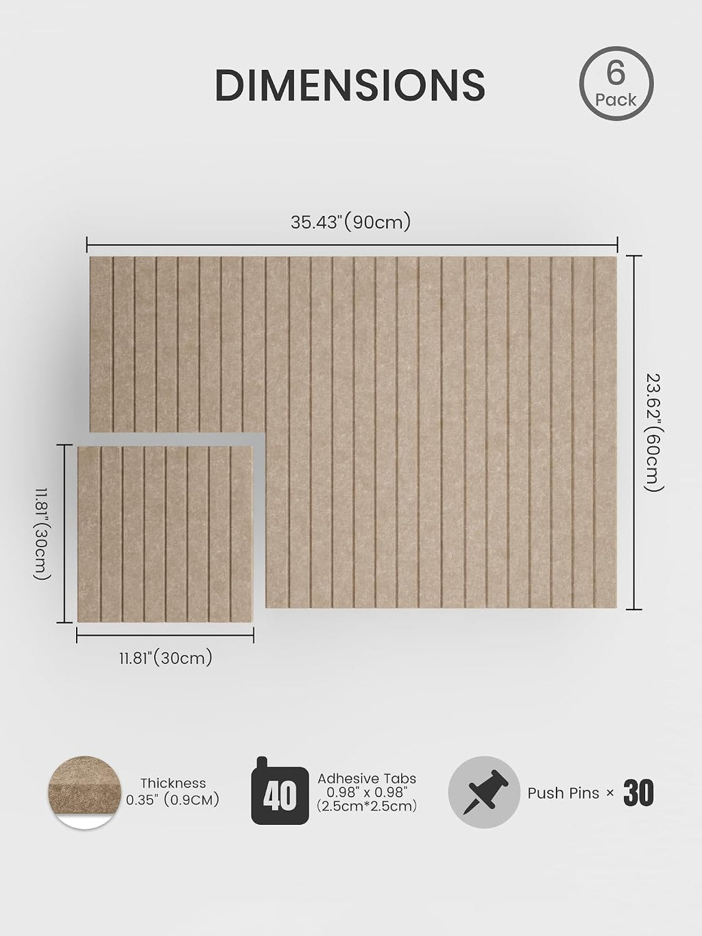 Large Felt Bulletin Board, 36" x 24" Cork Board Alternative, 6-Pack Fine Stripe Felt Wall Tiles with 30 Push Pins and 40 Adhesive Tabs, Ideal for Office, Home & Classroom, Taupe
