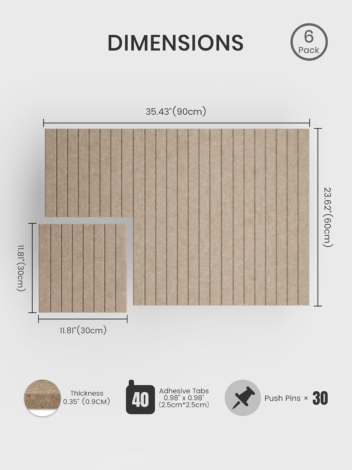 Large Felt Bulletin Board, 36" x 24" Cork Board Alternative, 6-Pack Fine Stripe Felt Wall Tiles with 30 Push Pins and 40 Adhesive Tabs, Ideal for Office, Home & Classroom, Taupe