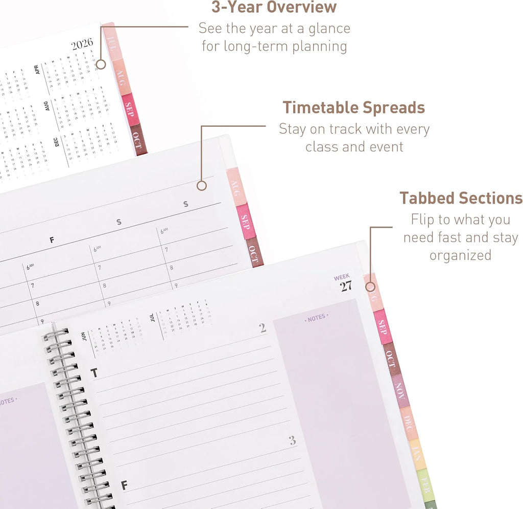 Rileys Academic Planner 2026-2027, Daily, Weekly & Monthly Planner, July 2026 - June 2027, Student Notes Pages, Twin-Wire Binding Weekly Agenda for School & Work (21.6 x 28 cm, Lilac)