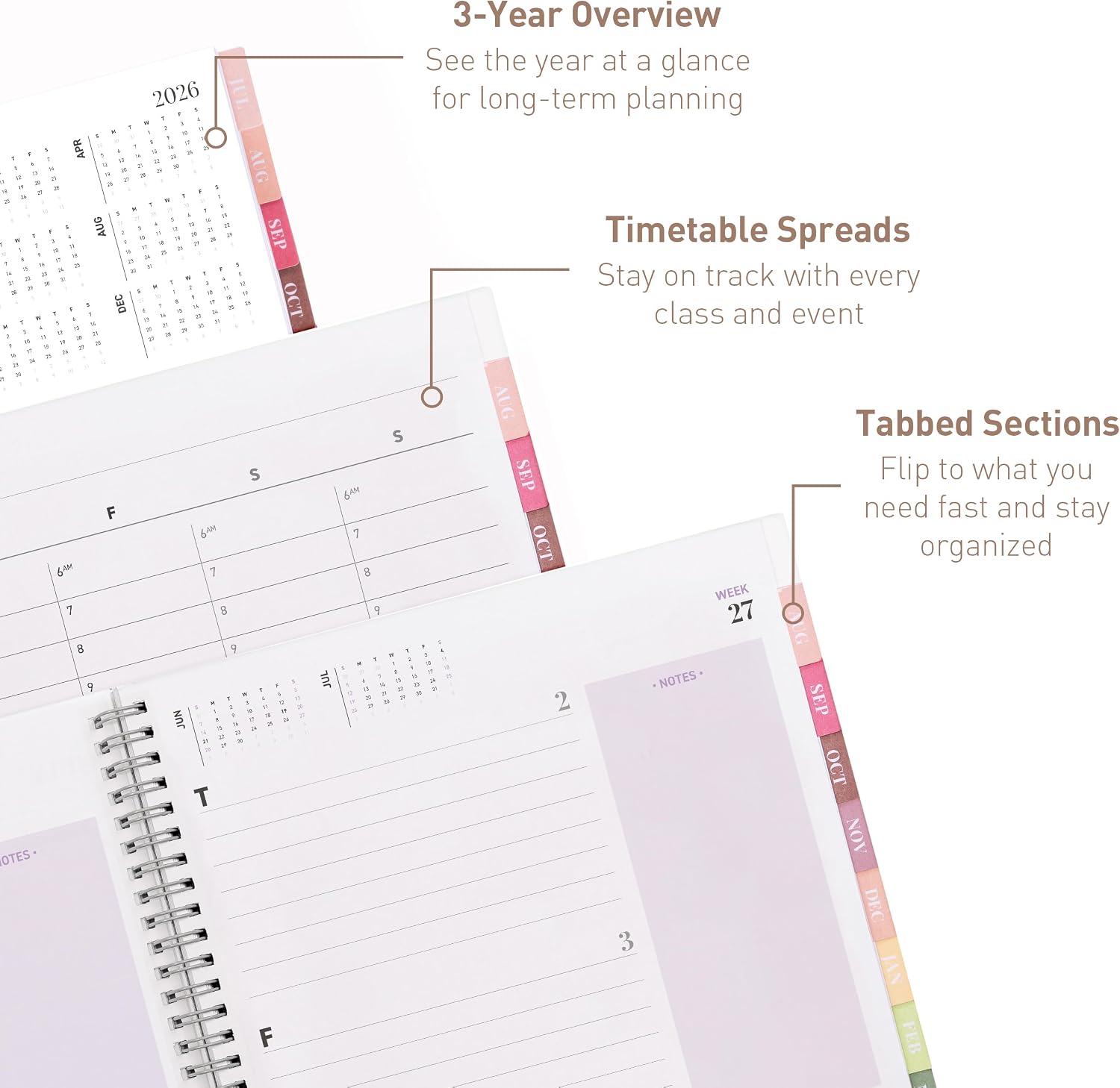 Rileys Academic Planner 2026-2027, Daily, Weekly & Monthly Planner, July 2026 - June 2027, Student Notes Pages, Twin-Wire Binding Weekly Agenda for School & Work (21.6 x 28 cm, Lilac)