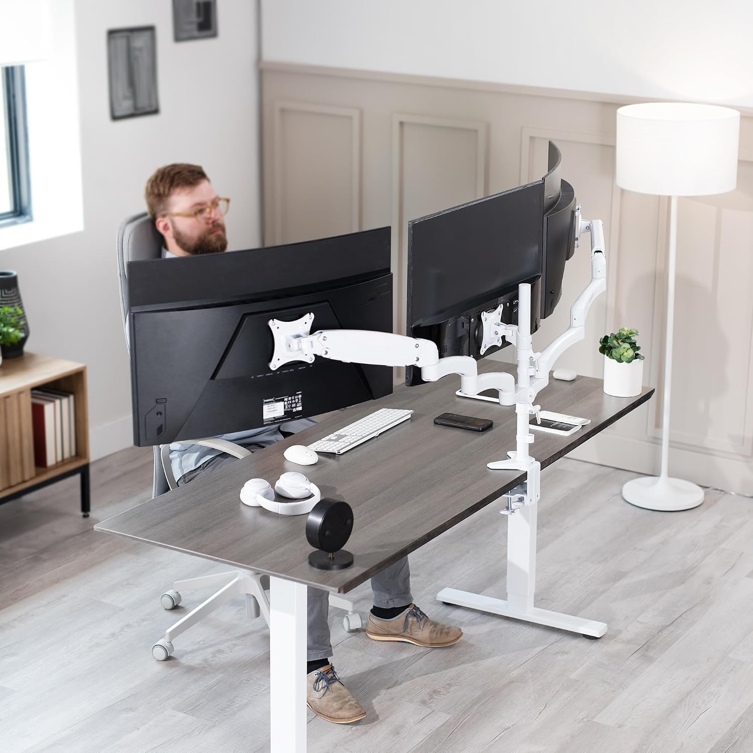 White Triple Monitor Mount, 2 Pneumatic Arms + 1 Fixed, 3 Screens up to 32"