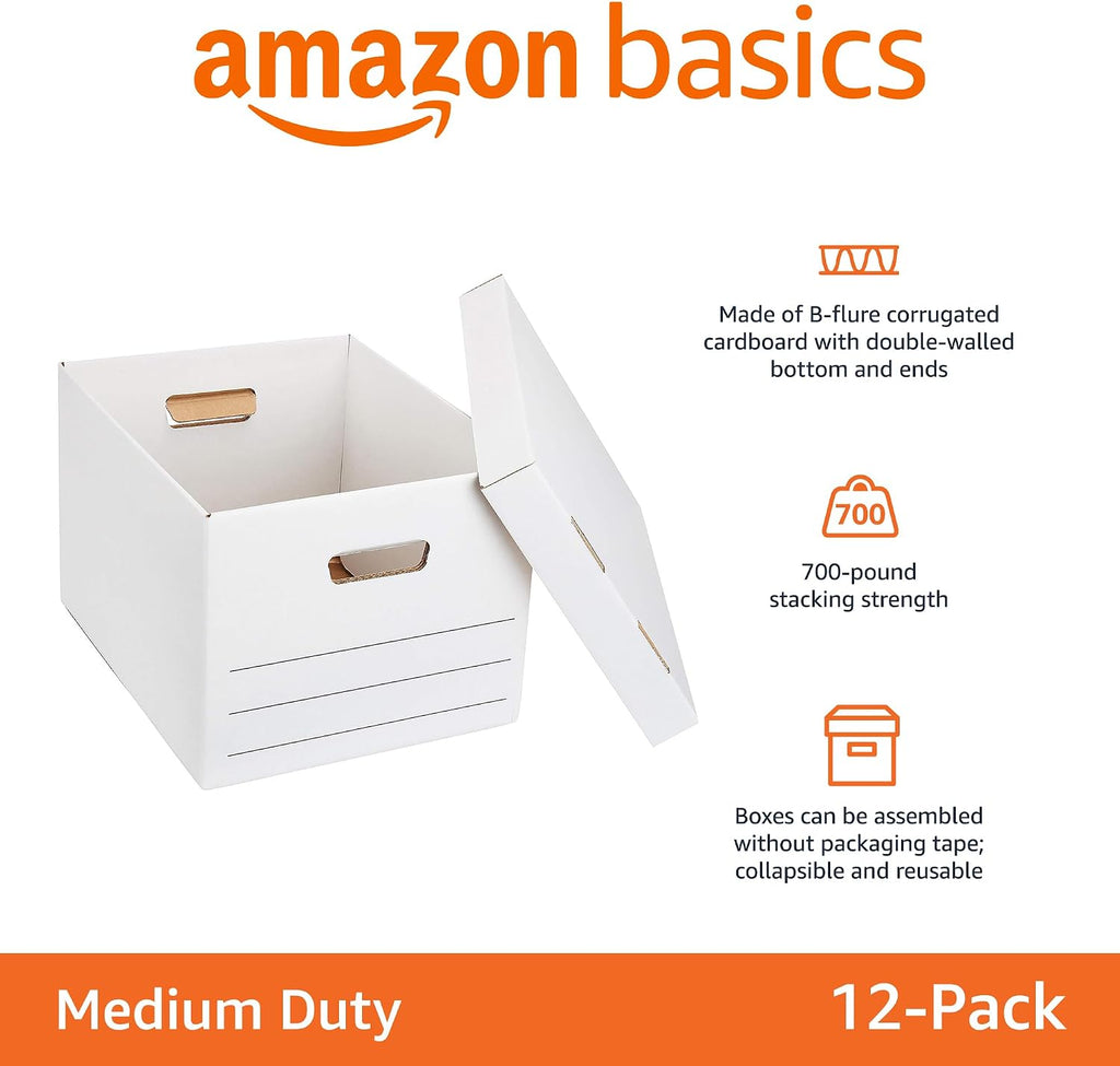 Basics Medium Duty Storage Filing Box with Lift-Off Lid - Pack of 12, Letter / Legal Size