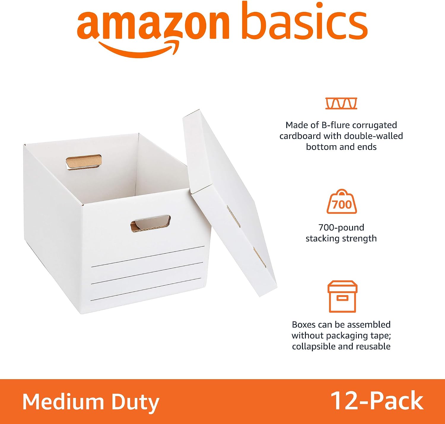 Basics Medium Duty Storage Filing Box with Lift-Off Lid - Pack of 12, Letter / Legal Size