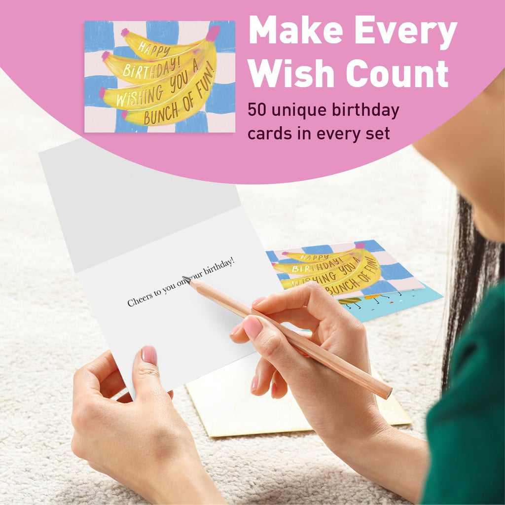 Happy Birthday Cards with Envelopes and Assortment Box – Variety Set of 50 Assorted Birthday Notes. Perfect Bulk Pack for Celebrations, Office, Friends, Family, and Special Occasions-4x5.5"