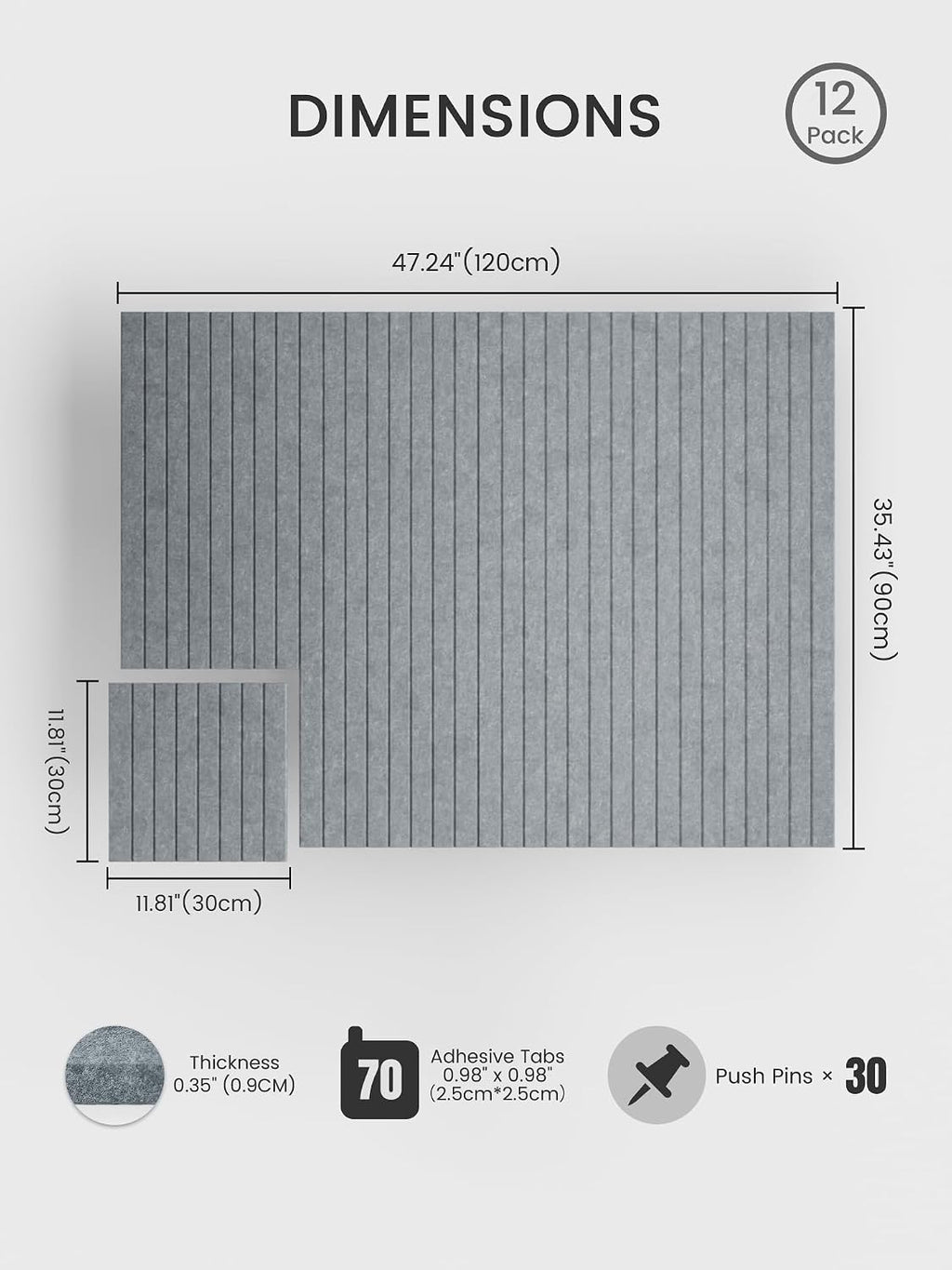 Large Felt Bulletin Board, 48" x 36" Cork Board Alternative, 12-Pack Fine Stripe Felt Wall Tiles with 30 Push Pins and 70 Adhesive Tabs, Ideal for Office, Home & Classroom, Blue Gray