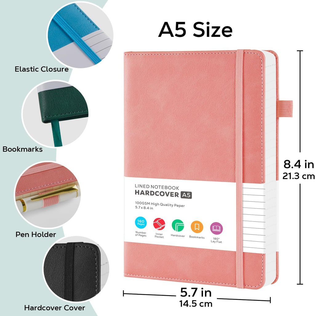 2 Pack A5 Notebook Journals for Women, A5 Leather Notepad Hardback with 100GSM Lined Paper, No Bleed, Inner Pocket, Note Book for Office School Supplies, 14.5 x 21.3 cm