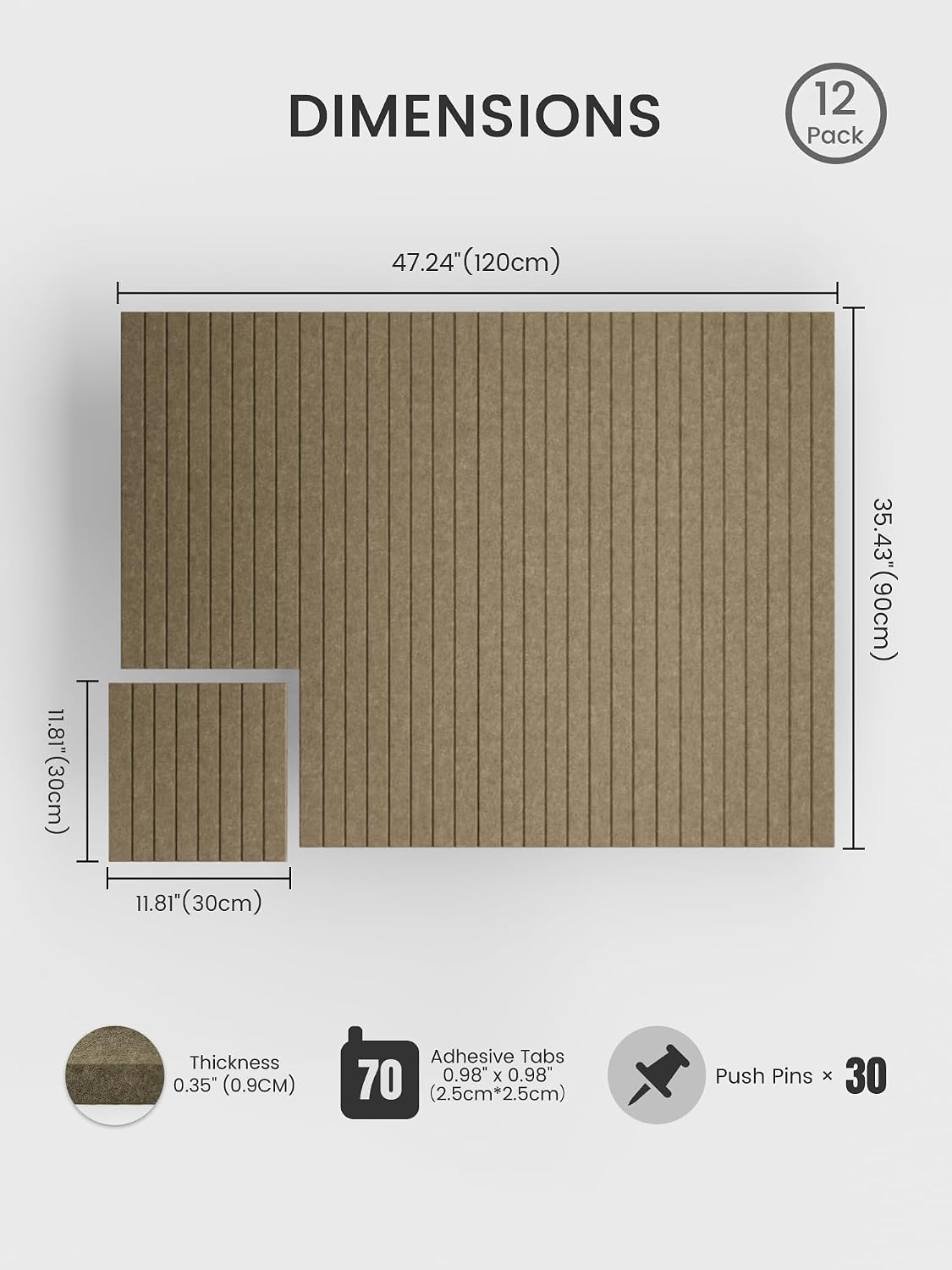 Large Felt Bulletin Board, 48" x 36" Cork Board Alternative, 12-Pack Fine Stripe Felt Wall Tiles with 30 Push Pins and 70 Adhesive Tabs, Ideal for Office, Home & Classroom, Earth Brown
