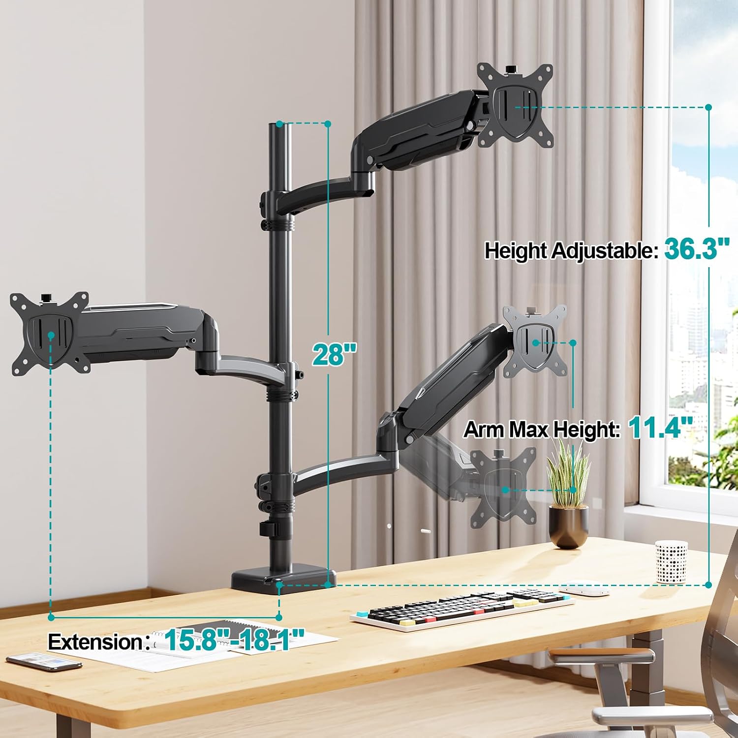 Triple Monitor Mount for Max 32" Computer Screen, Adjustable 3 Monitor Desk Mount, up to 19.8lbs Each, Spring Monitor Arm with Tilt Swivel Rotation, VESA Mount 75x75/100x100mm