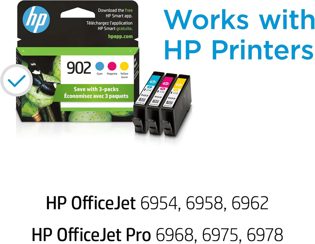 902 | 3 Ink Cartridges | Cyan, Magenta, Yellow | Works with OfficeJet 6900 Series, OfficeJet Pro 6900 Series | T6L86AN, T6L90AN, T6L94AN