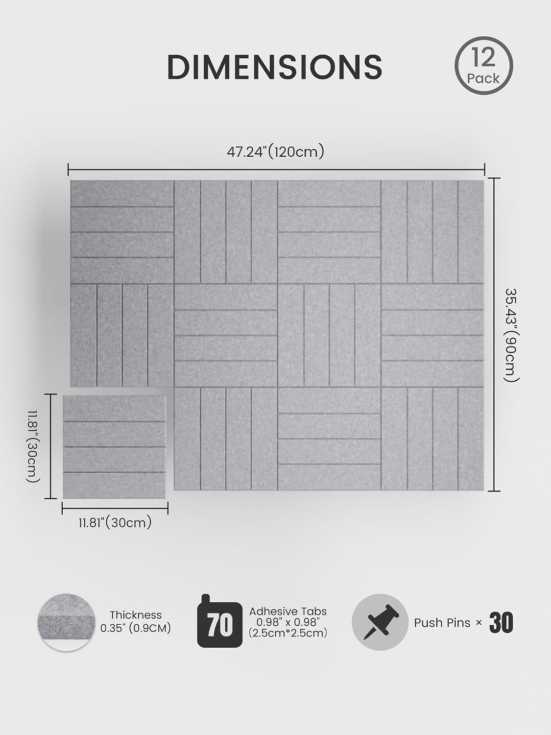 Large Felt Bulletin Board, 48" x 36" Cork Board Alternative, 12-Pack Bold Stripe Felt Wall Tiles with 30 Push Pins and 70 Adhesive Tabs, Ideal for Office, Home & Classroom, Soft Gray